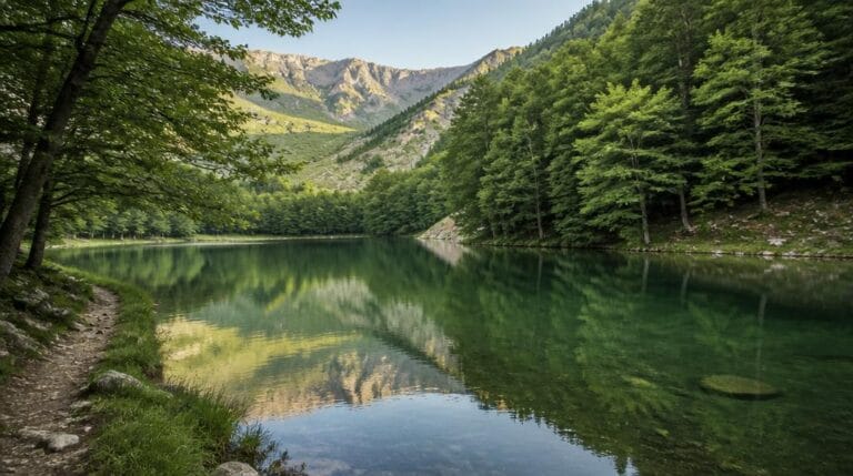 Eaux émeraude bordées d'une forêt de montagne
