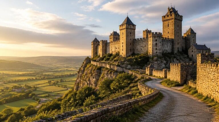 Forteresse médiévale aux tours dominant une vallée boisée