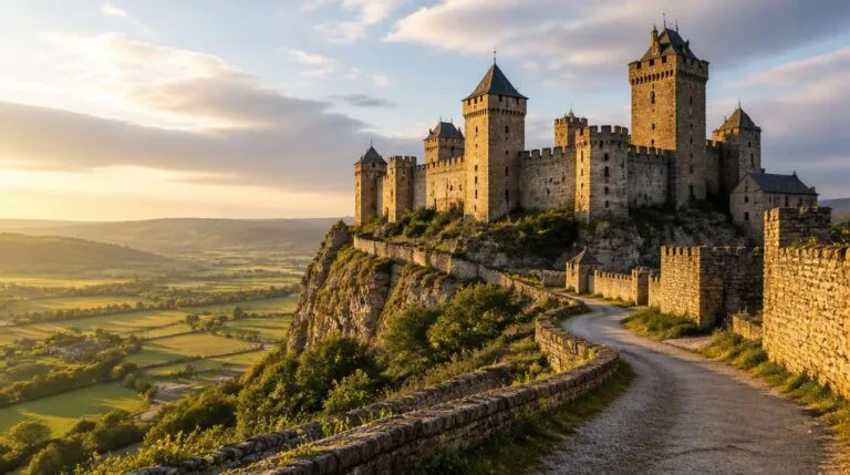 Forteresse médiévale aux tours dominant une vallée boisée