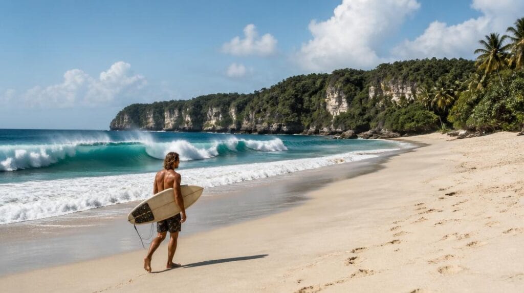 Grande plage tropicale avec vagues de surf