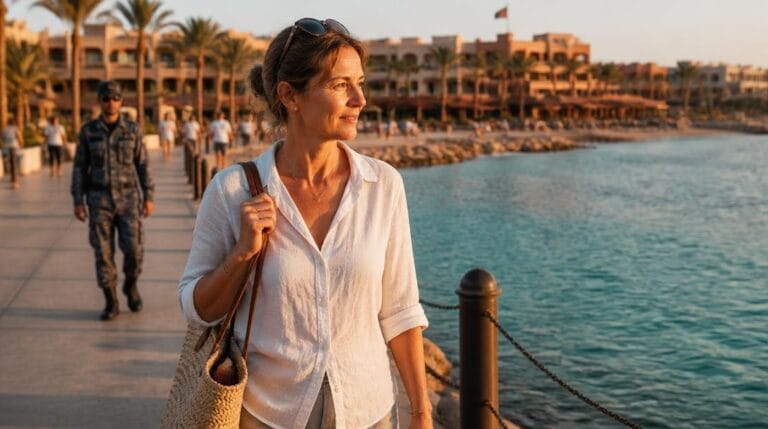 Voyageuse sur le front de mer d’Hurghada au coucher du soleil