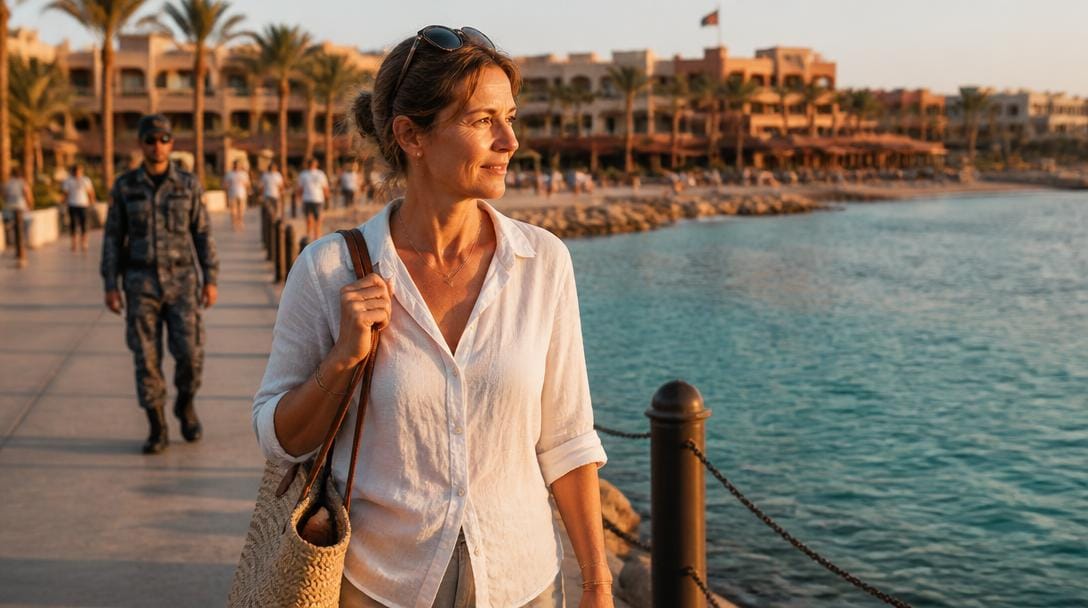 Voyageuse sur le front de mer d’Hurghada au coucher du soleil