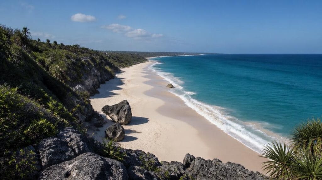 Longue plage sauvage au pied des falaises