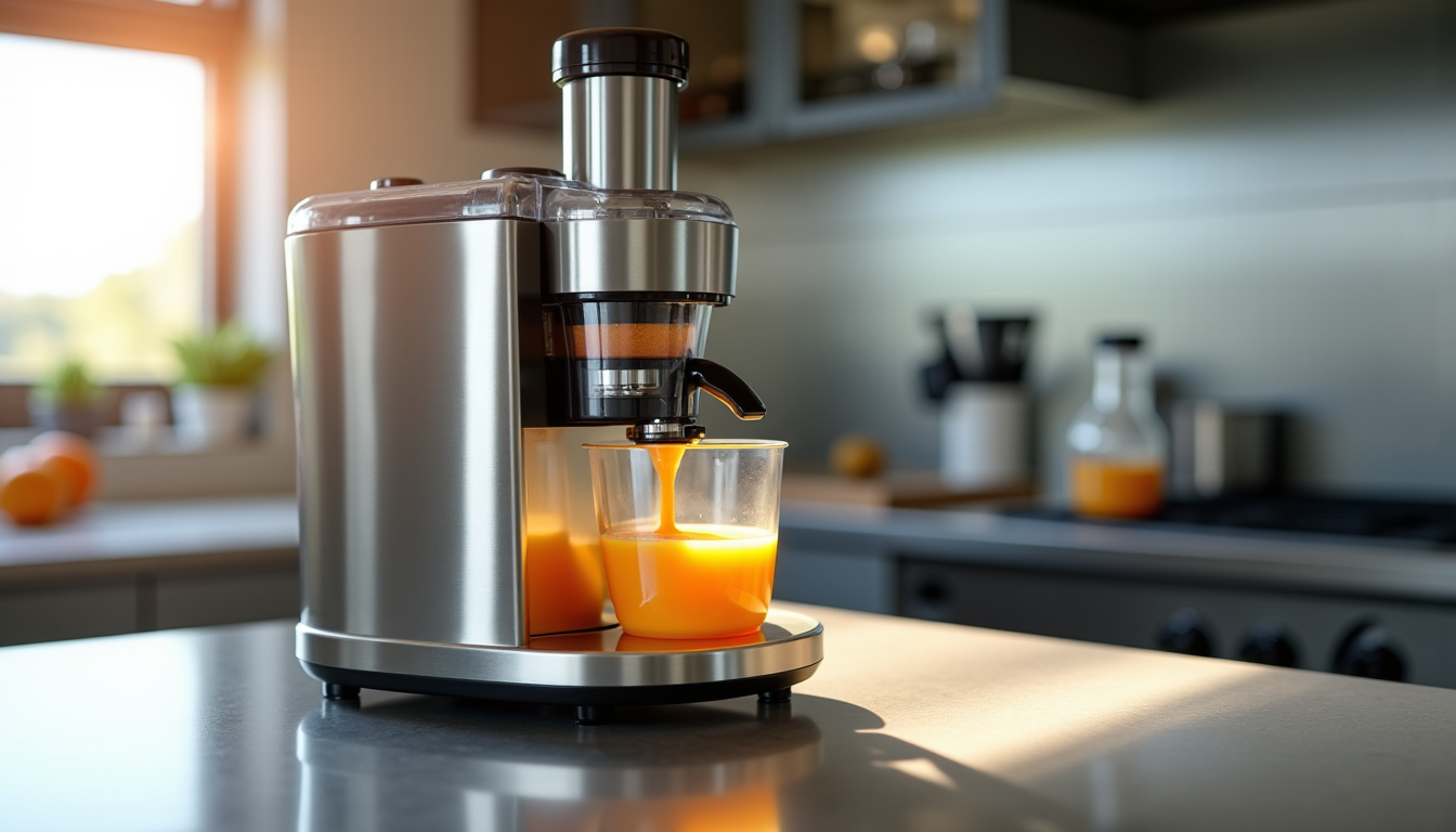Machine à jus inox versant du jus d’orange dans un gobelet