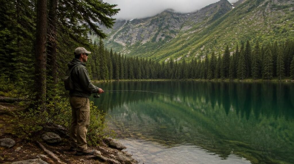 Pêcheur sur les rives boisées d'un lac de montagne
