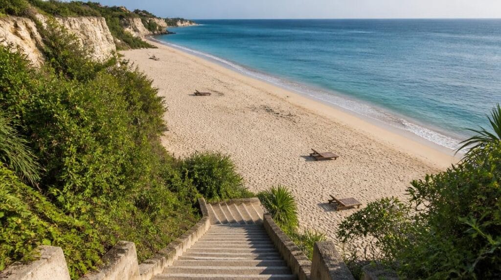 Plage calme avec escalier et sable clair