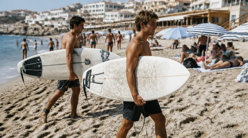 Surfeurs près d'une plage centrale animée