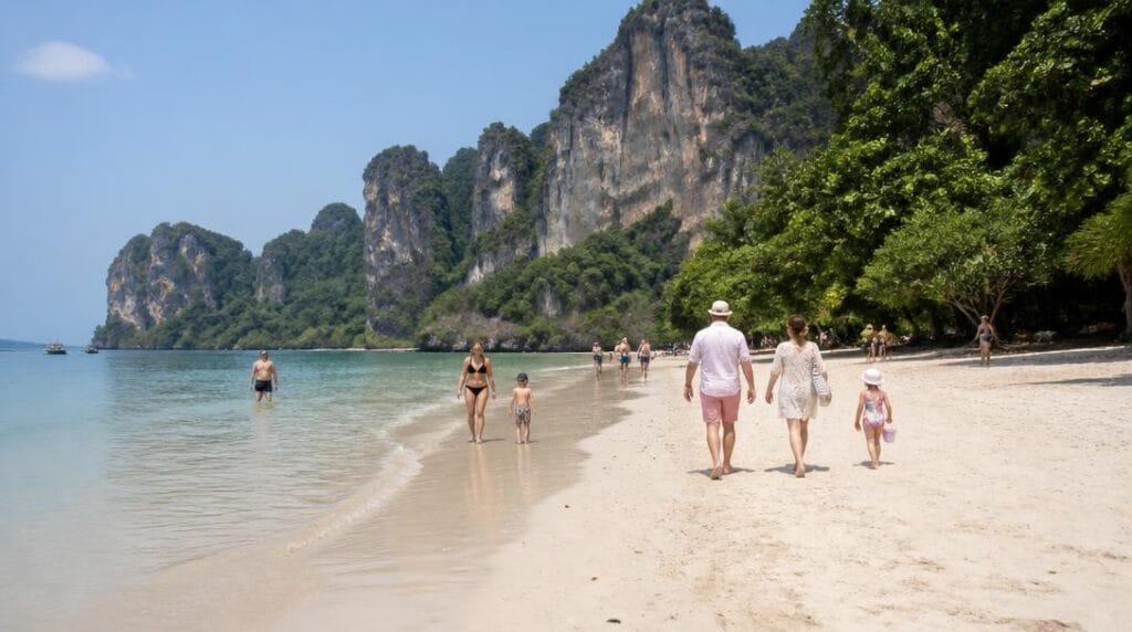 Plage familiale avec sable clair et eau calme