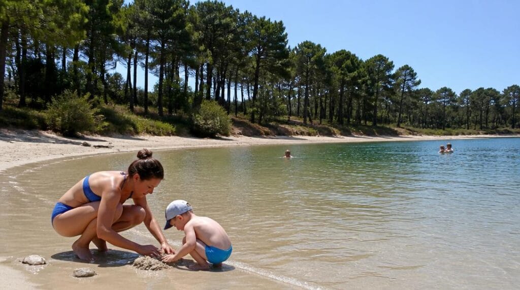 Baignade familiale sur une plage calme du lac