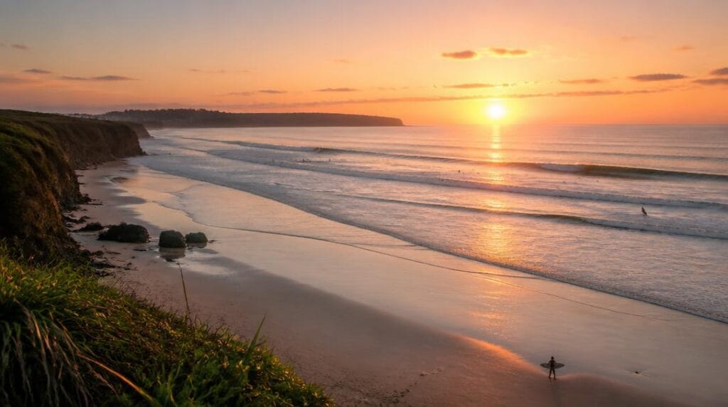 Surfeurs au coucher de soleil sur plage tropicale