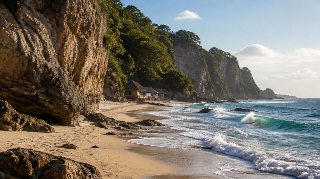 Spot de surf au pied de falaises tropicales