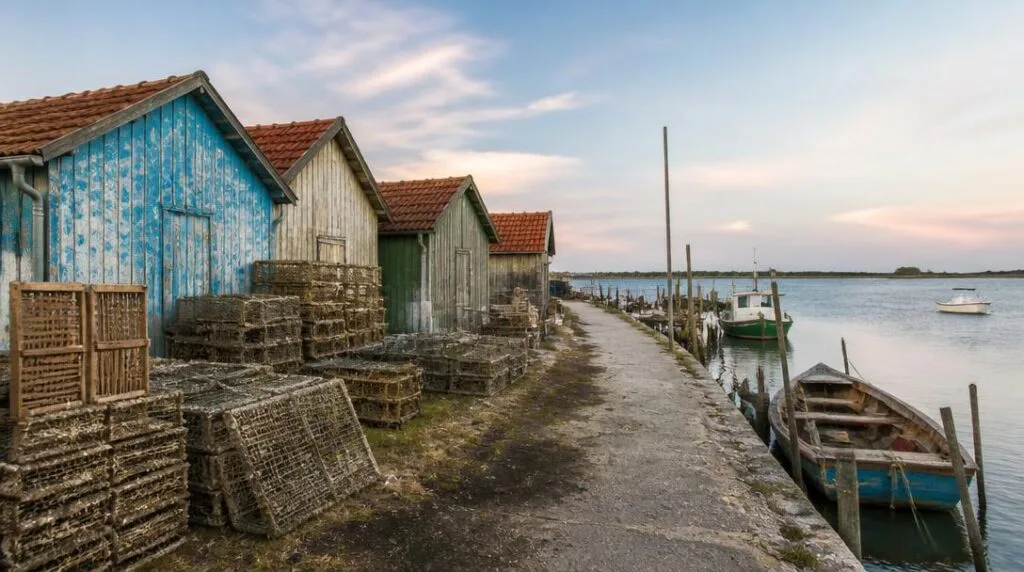 Port ostréicole avec cabanes colorées et bateaux