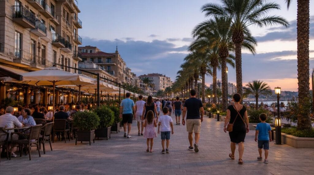 Promenade touristique animée près des hôtels et restaurants