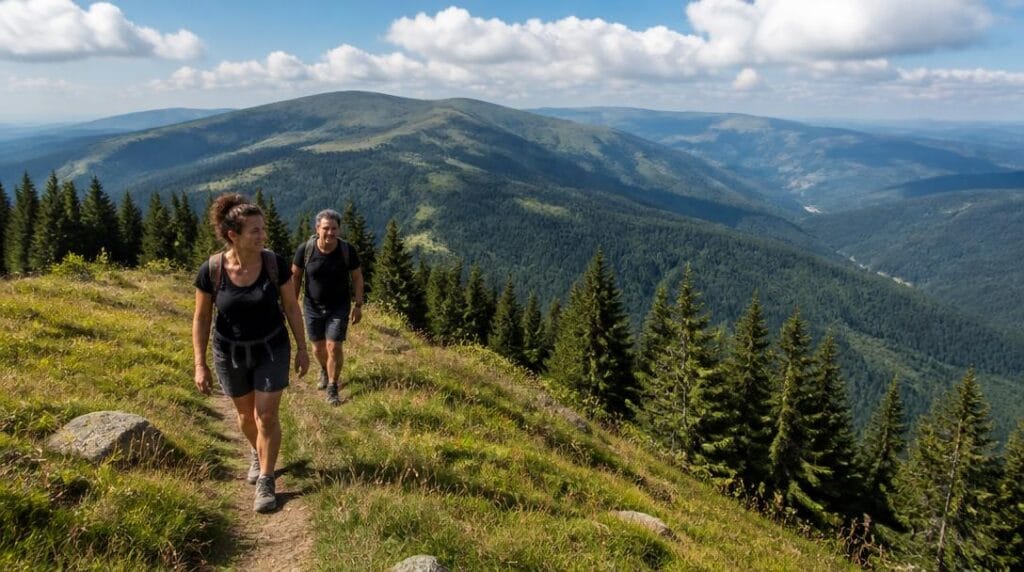 Randonneurs sur sentier des Hautes-Vosges