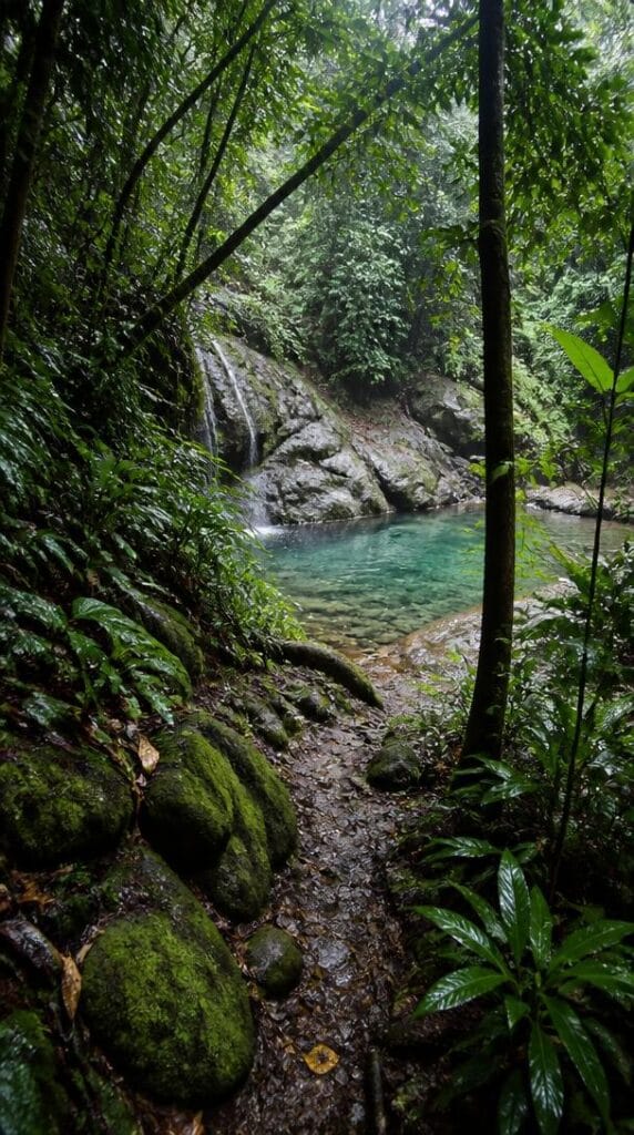 Sentier de randonnée vers un bassin tropical sauvage