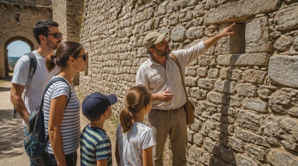 Famille en visite guidée devant des remparts médiévaux