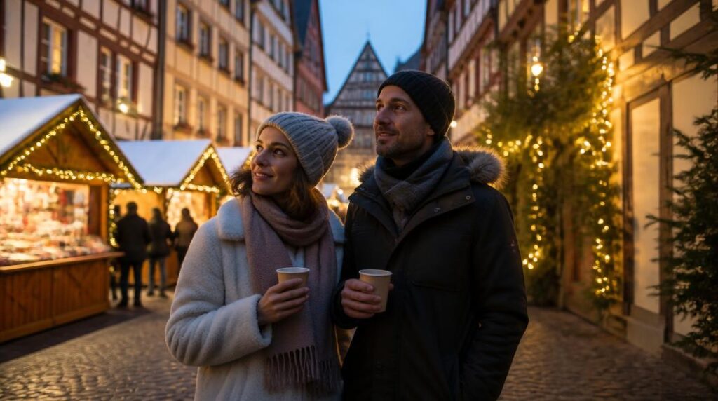 Rue illuminée pour un marché de Noël en Alsace