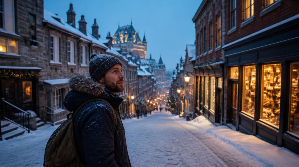 Rue enneigée pour un voyage de Noël au Canada